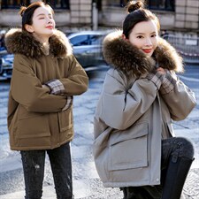 棉衣/棉服2021新款冬兔毛中长款拼接翻袖工装带帽派克服女外套，女装派克服，瑶迪依秀