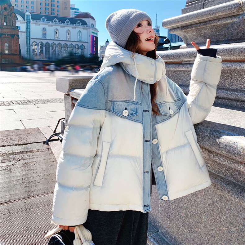 时尚撞色牛仔拼接羽绒服女冬季新款小个子设计感保暖外套面包服图片