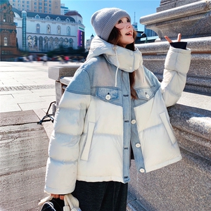 时尚撞色牛仔拼接羽绒服女冬季新款小个子设计感保暖外套面包服图片