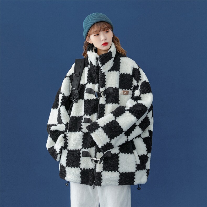 中性风冬季情侣羊羔毛棉衣女棉服女棋盘格宽松外套女MY7535P135，男装棉衣，星座226-2