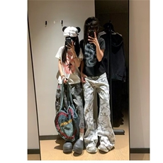 美式复古直筒迷彩裤女街头高级感百搭宽松堆积感长裤子潮N8334，男装休闲裤，星座208-5