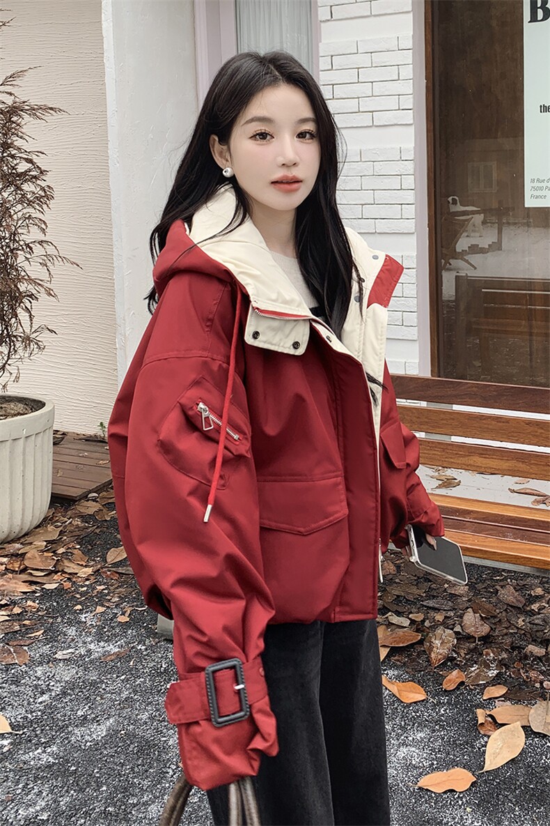 美式红色工装派克服女冬季2025新款羽绒棉服韩系棉袄爆款短款流行,女装棉衣/棉服,2C206