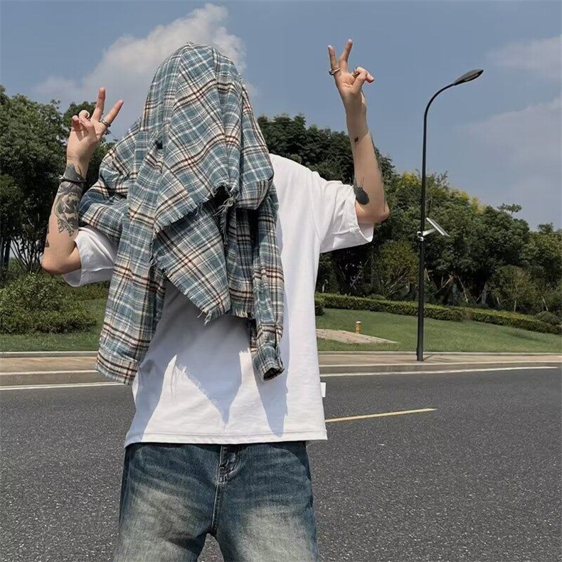 美式复古街头休闲百搭宽松格纹毛边长袖格子衬衫男衬衣外套潮牌,男装衬衫,星座506A