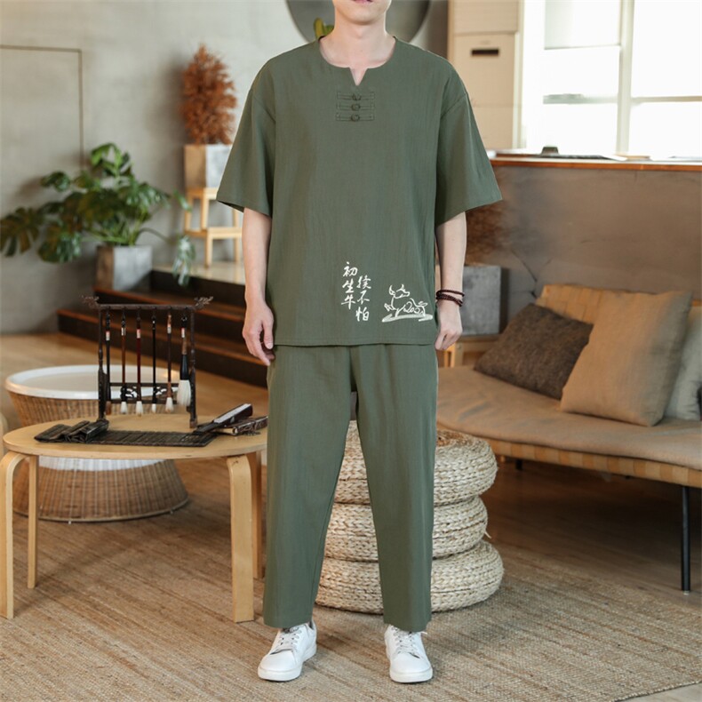 2021夏新风咖啡厅盘扣装饰亚麻男大码印花短袖套装TZ001-P60,男装休闲套装,电商A082