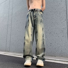 复古休闲做旧牛仔裤百搭款垂感宽松阔腿拖地牛仔裤男N9007，男装牛仔裤，星座1116A-1（原606A）