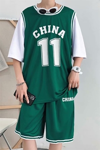 运动假两件五分短袖T恤11号篮球套装短裤学生班服 现货 T127-P32图片