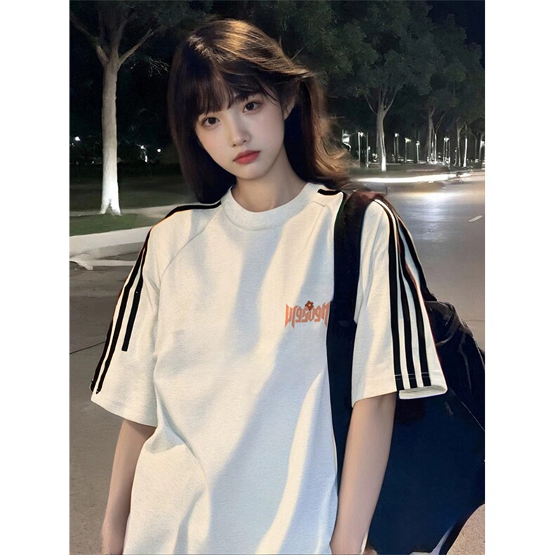 抖音得物高品质二开240克宽松纯棉美式潮牌三条杠织带短袖T恤图片