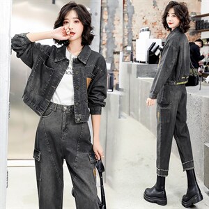 时尚休闲牛仔套装女2023春季新款两件套女图片