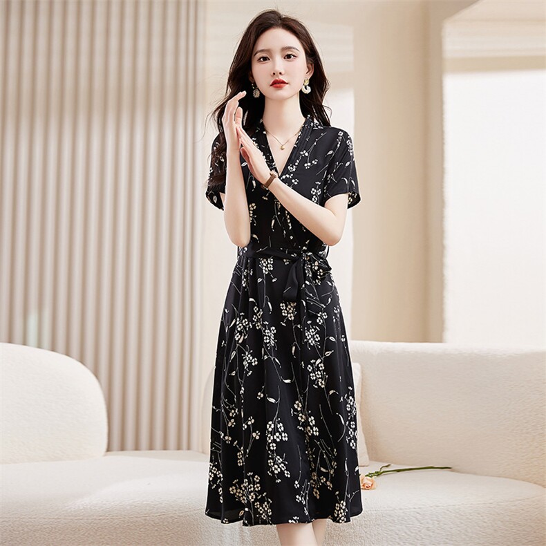 雪纺碎花连衣裙女夏季2023新款高级感小个子时尚气质显瘦垂感裙子,女装连衣裙,牡丹诺