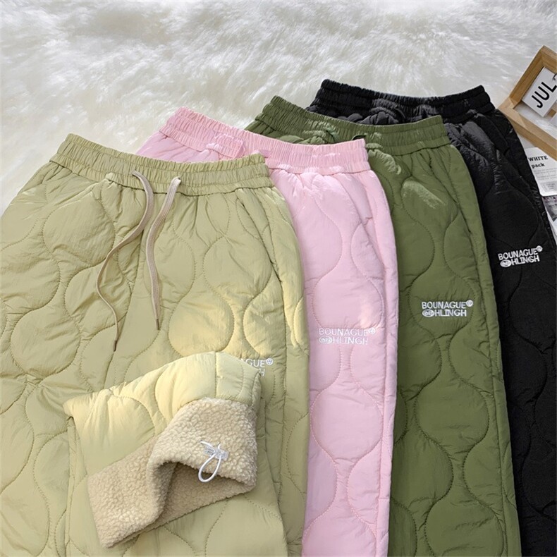 重磅冬季加棉防水拼接羊羔绒棉裤男女款纯色菱格刺绣夹棉保暖裤子，男装棉裤，星座506B