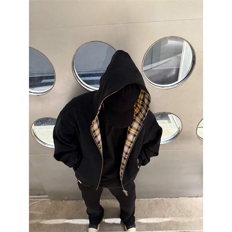 网图美式格纹拼接两面穿华棉开衫连帽卫衣W1582/P60,男装卫衣,电商B350