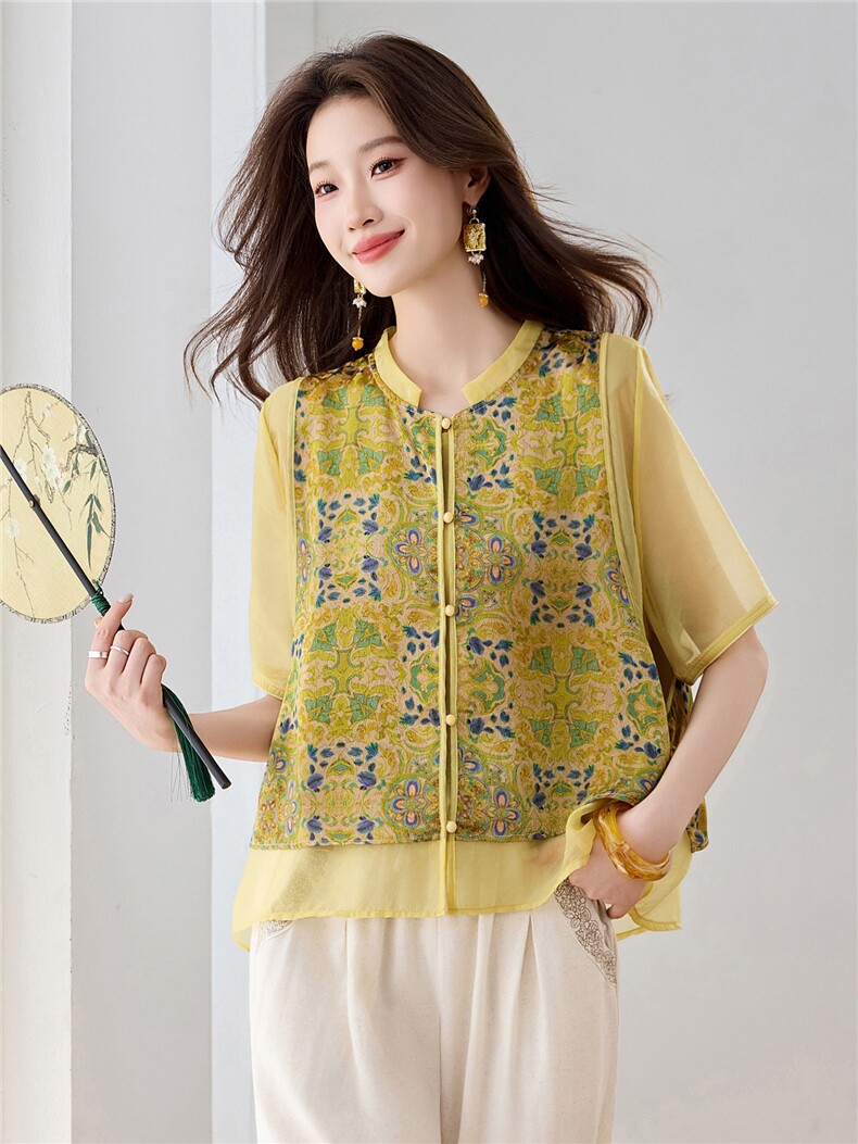 长期现货2026年夏季新款中式假两件复古短袖小衬衫马甲上衣T恤女,女装衬衫,璐依舞