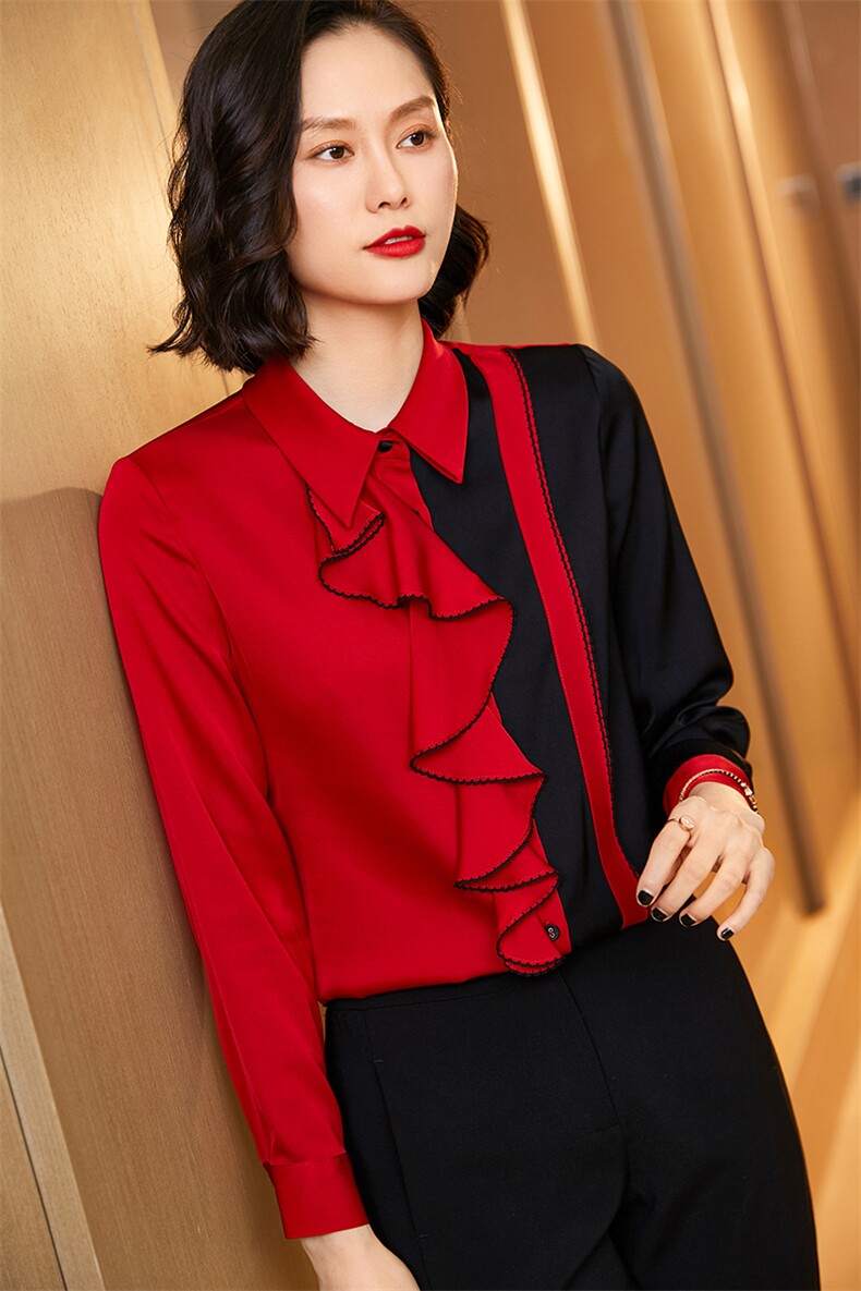 时尚优雅真丝衬衫红色荷叶边拼接设计显瘦百搭长袖上衣,女装衬衫,宋氏羊绒