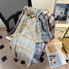 复古短袖衬衫男2024夏季新款港风宽松潮流休闲格子衬衣CY906-P31，男装衬衫，星座412-2