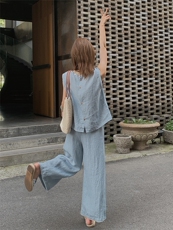 [现货]2025年夏季新款纯色无袖上衣+直筒裤两件套2525款P145-K208，女装套装/套裙，浙宝301