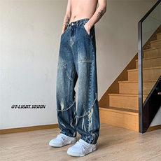 B221美式ins高街小众个性链子扎染直筒牛仔裤LK22082-P65控88，男装牛仔裤，电商B221