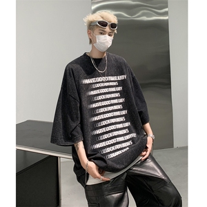 复古水洗做旧字母印花 欧美重磅落肩袖短袖T恤XZ514-2-202443-P38图片