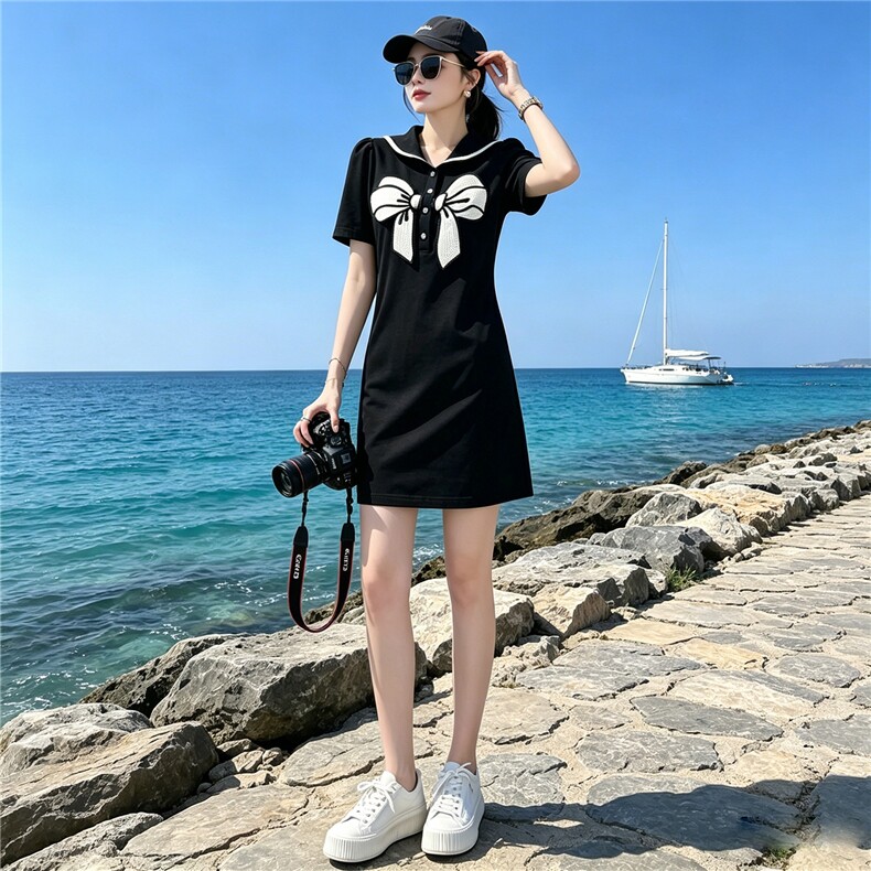 时尚重工拼色蝴蝶节黑色连衣裙夏季新款气质显瘦中长款A字裙潮流,女装连衣裙,江南