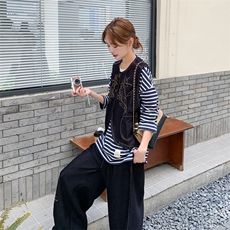 老钱风穿搭牛仔刺绣马甲套装女秋季2025新款条纹打底阔腿裤三件套，女装套装/套裙，2C112