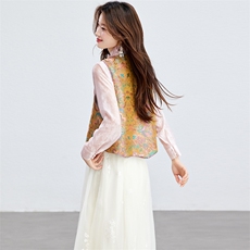 在仓~春夏薄款人丝衬衫马甲两件套宽松纽扣双面穿宋锦提花套装，女装套装/套裙，新依时派