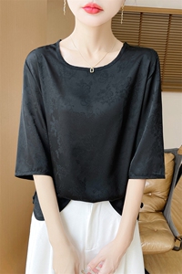 新中式国风真丝垂感提花衬衣女夏季2024新款醋酸缎面宽松短袖衬衫图片