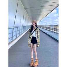 2025春秋新款日系撞色格子衬衫外套女小众独特设计感宽松开衫上衣，男装衬衫，星座506A
