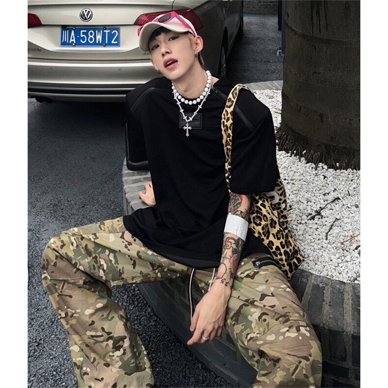 美式复古灰色正肩t恤潮牌欧美vintage解构拉链垫肩boxy短袖男半袖,男装T恤,星座601-1