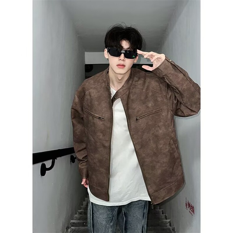 J418-P60美式潮流皮衣外套男春秋季新款复古百搭拉链宽松机车服，男装皮衣，电商B323A