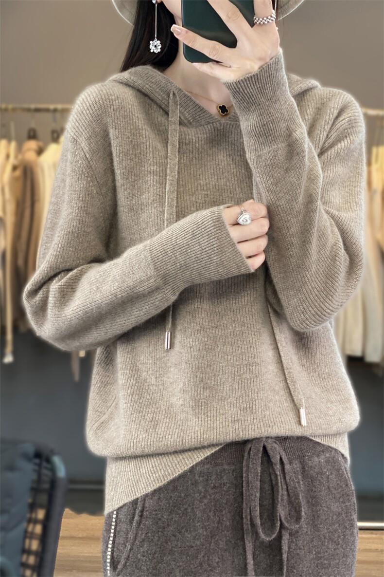 秋100羊毛衫连帽针织套头卫衣女宽松慵懒元宝针带帽打底帽衫,女装羊毛衫,邦太羊绒