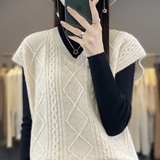 秋冬新款V领菱形扭花100%羊毛马甲女宽松无袖背心毛衣羊绒衫坎肩，女装马甲，邓利维