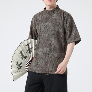 《八旗都统》新中式蟒纹提花改良汉服风盘扣短袖茶禅服31221图片