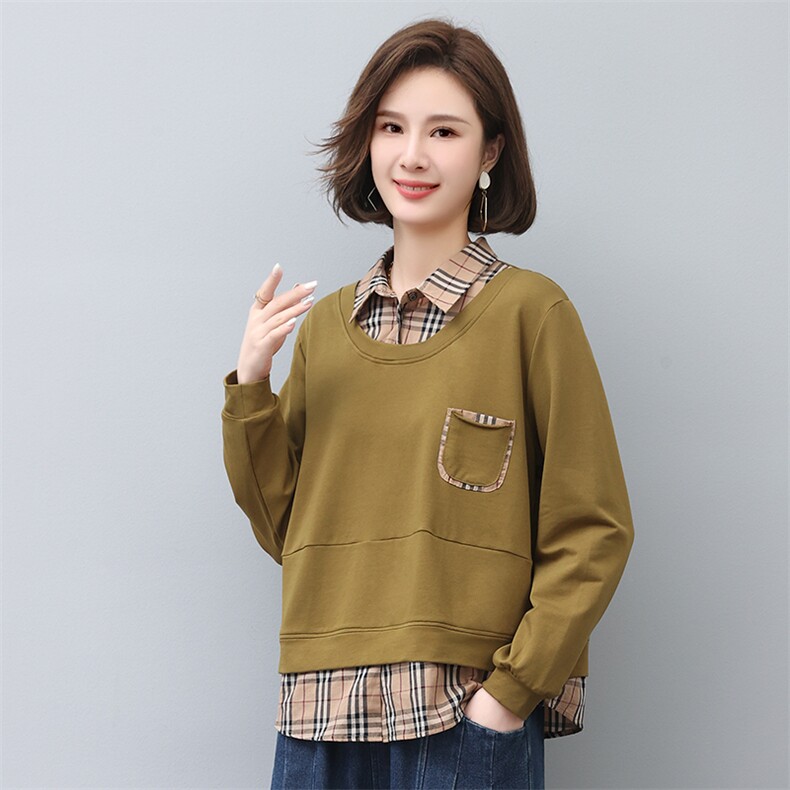 时尚宽松加厚保暖女装卫衣舒适百搭格子拼接设计适合秋冬季节穿着,女装卫衣/绒衫,叶笙衣
