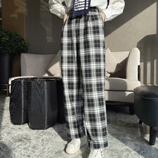 2021春装新款时尚舒适显瘦格子阔腿裤，女装休闲裤，深水步