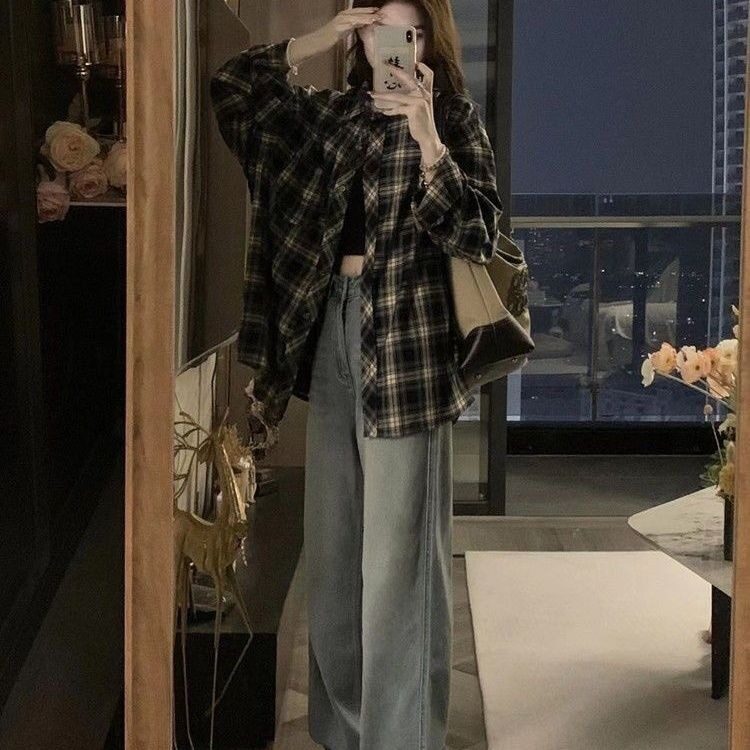 撞色格子长袖衬衫男女同款春秋季美式复古松弛感宽松潮流情侣衬衣,男装衬衫,星座911