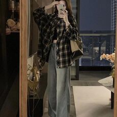 撞色格子长袖衬衫男女同款春秋季美式复古松弛感宽松潮流情侣衬衣，男装衬衫，星座911