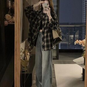 撞色格子长袖衬衫男女同款春秋季美式复古松弛感宽松潮流情侣衬衣图片