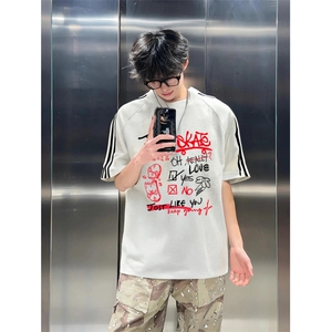 抖音得物高品质二开240克宽松纯棉美式潮牌三条杠织带短袖T恤图片