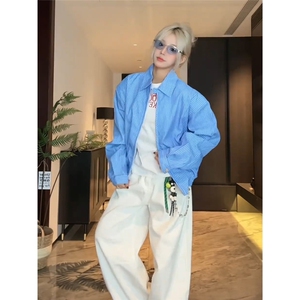 蓝色条纹长袖衬衫男女垫肩短款外套痞帅高级感夹克513ACS2436P59图片