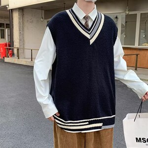 针织背心男秋冬韩版V领毛衣马甲ins港风宽松慵懒外套 W3737-P30图片