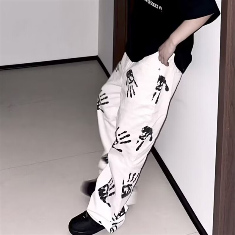 2026水墨手掌印花白色牛仔裤高街hiphop潮炸街长裤K71126-P45网图,男装牛仔裤,电商B245