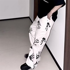 2026水墨手掌印花白色牛仔裤高街hiphop潮炸街长裤K71126-P45网图，男装牛仔裤，电商B245
