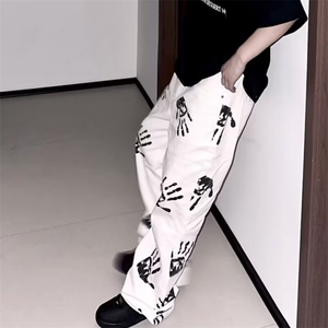 2026水墨手掌印花白色牛仔裤高街hiphop潮炸街长裤K71126-P45网图图片