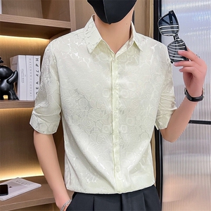 507A-CS532-P48 2025夏装时尚男士七分袖青年碎花衬衫修身衬衣图片