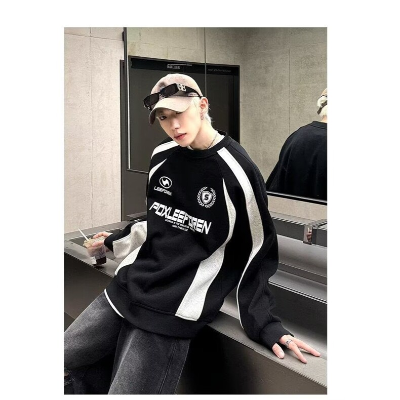 美式复古拼色卫衣男秋冬季圆领机车风休闲运动痞帅上衣服WY119,男装工装外套,星座208-5