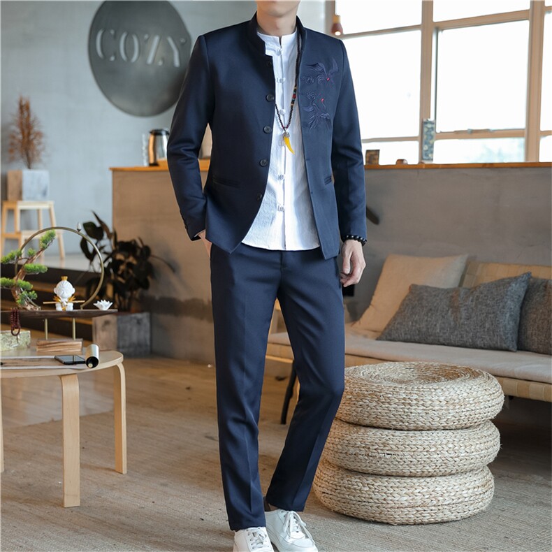 中山装西服套装男唐装西装两件套刺绣风外套A334-TZ209-P150，男装民族服装，电商B339(原A334）