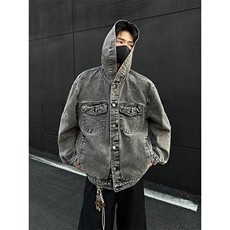 美式复古水洗做旧解析拉链连帽牛仔外套男宽松痞帅夹克JK1177-P88，男装工装外套，星座1103-3