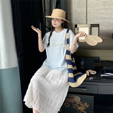 韩系下摆网纱拼接连衣裙女夏季2025新款宽松松弛感漂亮鱼尾长裙子，女装连衣裙，2C353