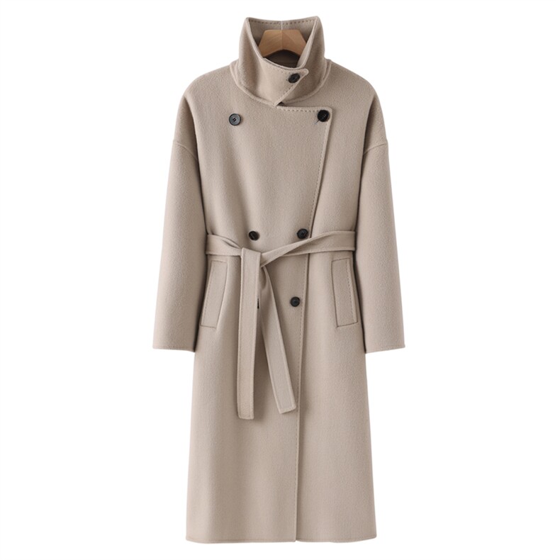 时尚洋气高端双面羊绒大衣女系带宽松秋冬新款加厚中长羊毛呢外套，女装双面呢大衣，鹿展羊绒大衣