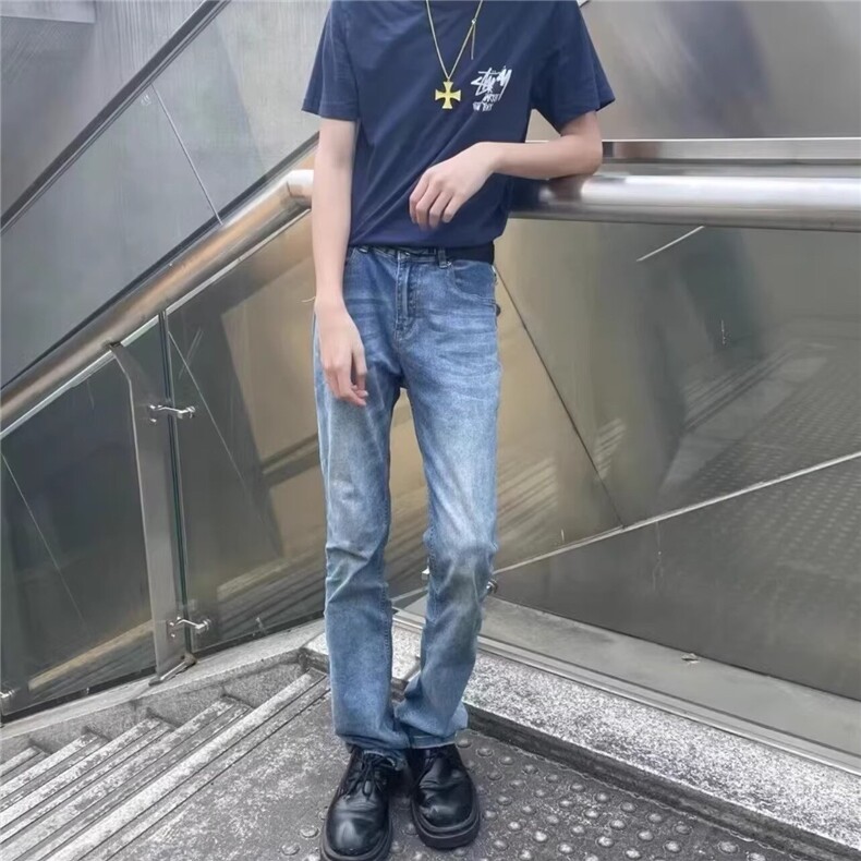 美式复古高街浅蓝色牛仔裤男春秋新款显瘦百搭cleanfit微喇叭长裤,男装牛仔裤,星座506A