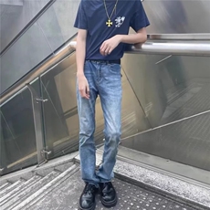 美式复古高街浅蓝色牛仔裤男春秋新款显瘦百搭cleanfit微喇叭长裤，男装牛仔裤，星座506A